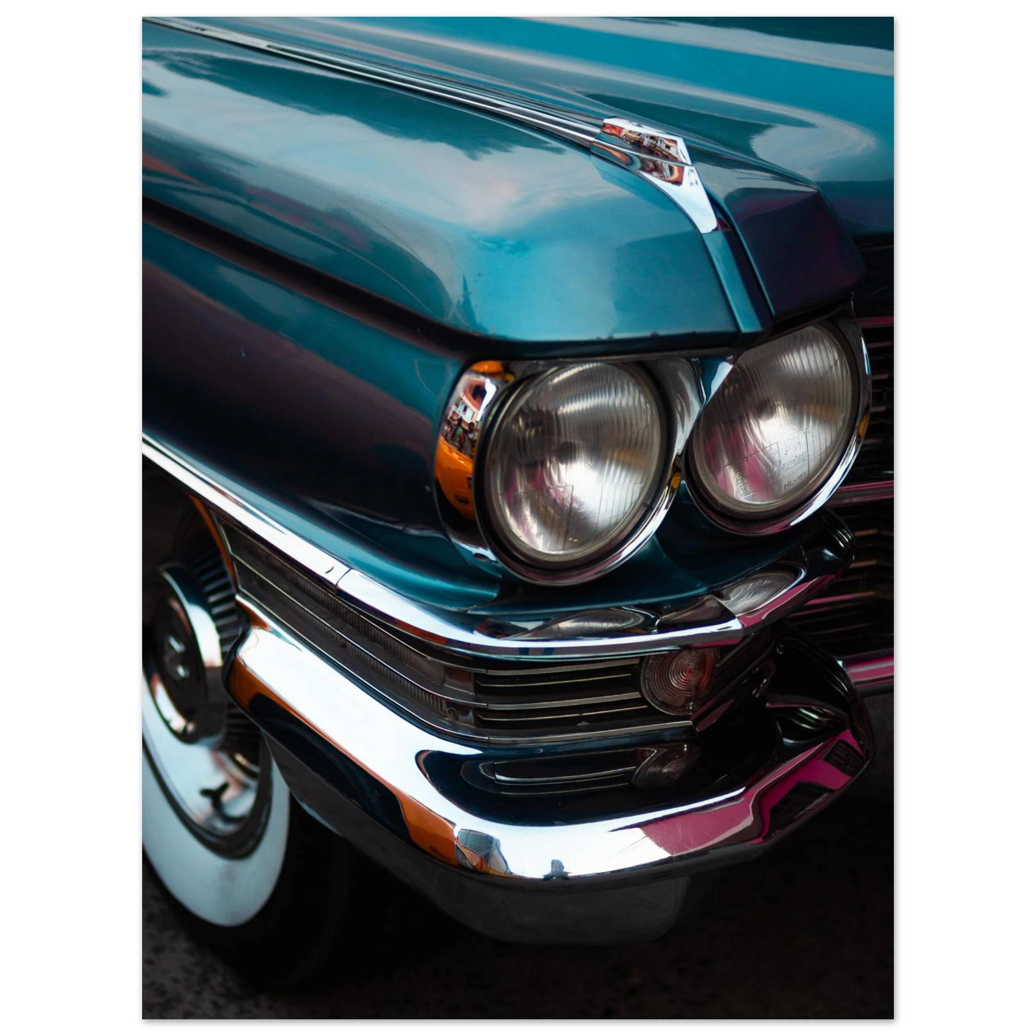 Close-up of a vintage car's front grille and headlights. Cadillac 1963 series 62